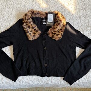 Collectif Black Cardigan with Leopard Fur Collar